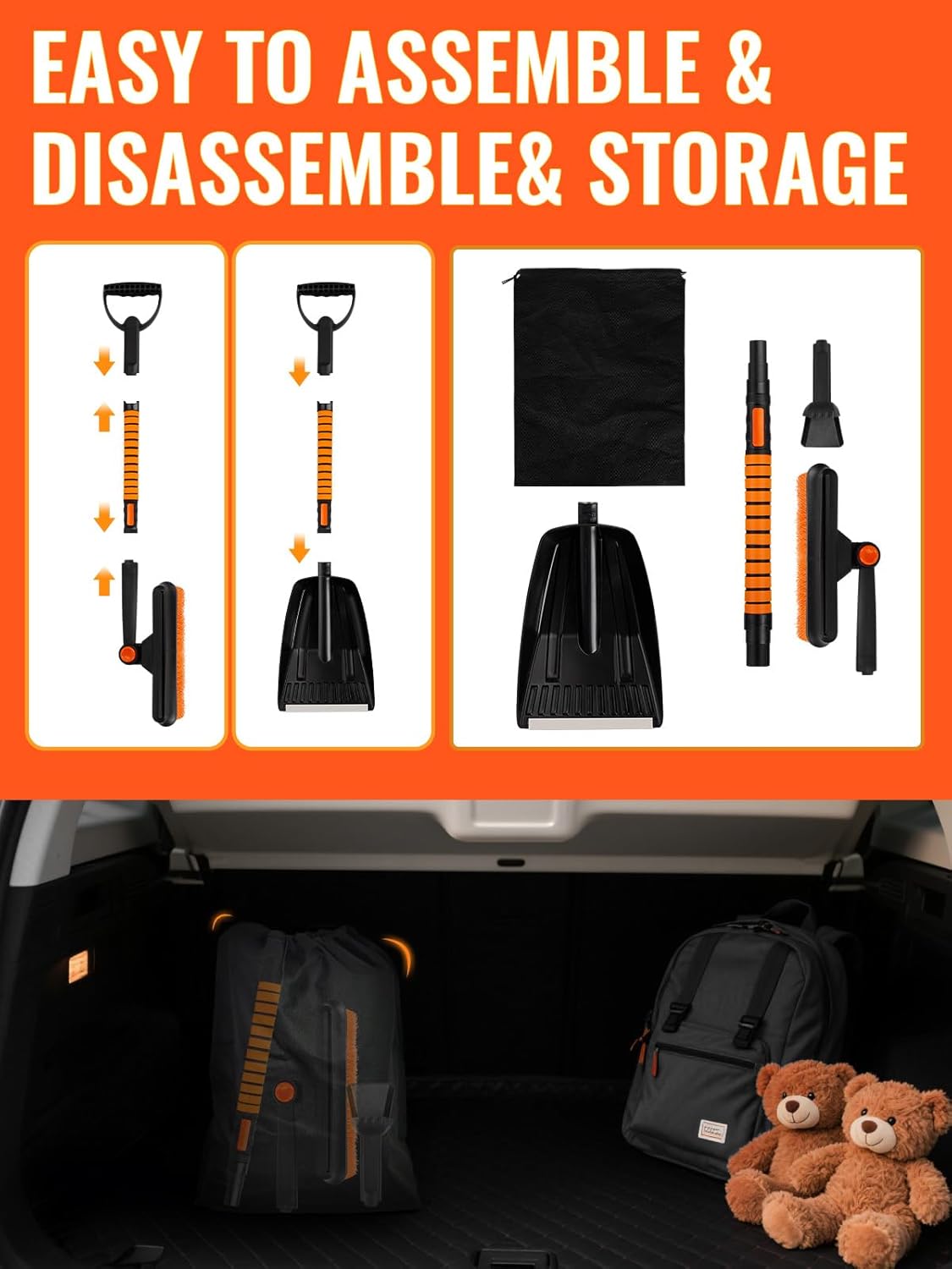 5 in 1 Multi-Functional Snow Brush Ice Scraper and Shovel Kit with Detachable Ergonomic Foam Grip for Car Automobile Vehicle Window SUV Truck Windshield Patios Driveways Sidewalks Winter Snow Removal