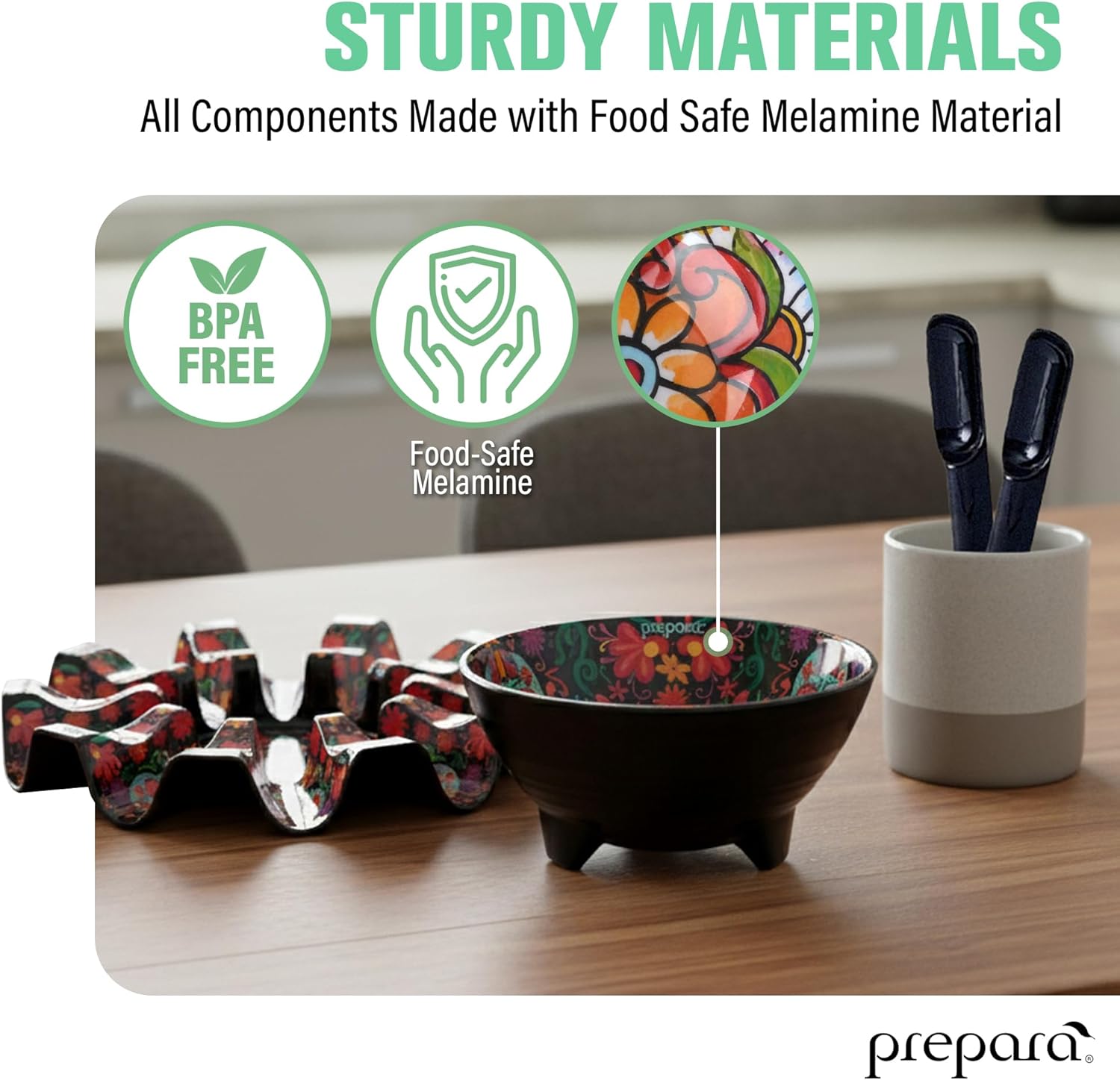 Prepara Taco Kit, Day of the Dead Theme - Festive Carousel with Compartments, Durable Melamine Taco Spoons, Entertaining Party Bowl - Dishwasher Safe, Vibrant Serving Set for Celebration Dinners