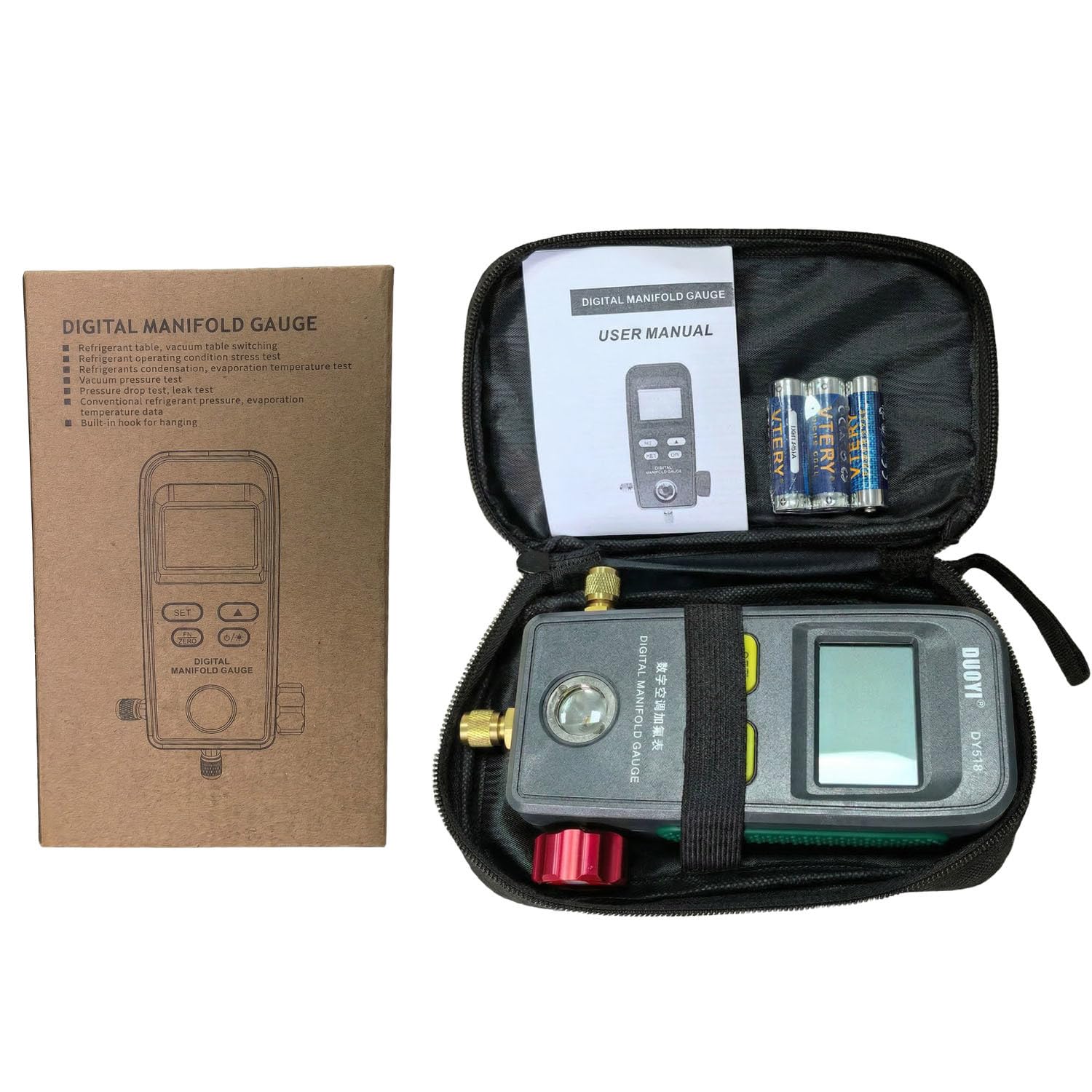 Digital Refrigerant Manifold Gauge Set with 93 Refrigerant Databases, HVAC Pressure Gauge for Vacuum & Leak Testing, Backlit LCD, HVAC Diagnostic Tool