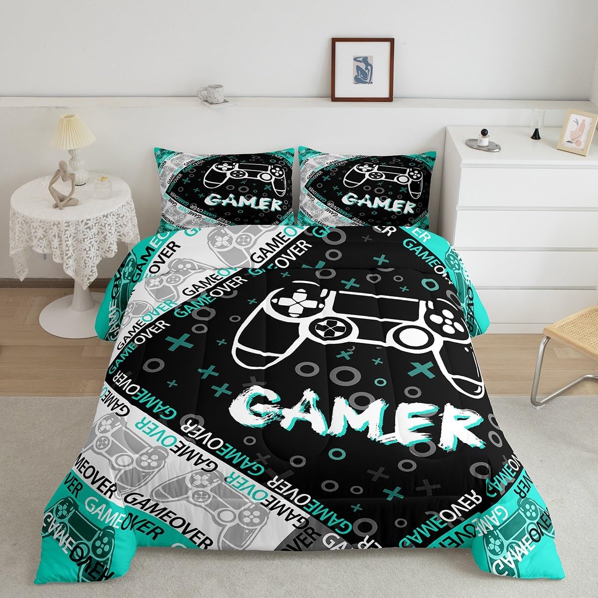 Feelyou Kids Gamer Comforter Set for Boys Teens, Teal Gaming Bedding Sets Queen Size Video Game Controller Reversible All Season Home Decor Quilt Set with 2 Pillowcases