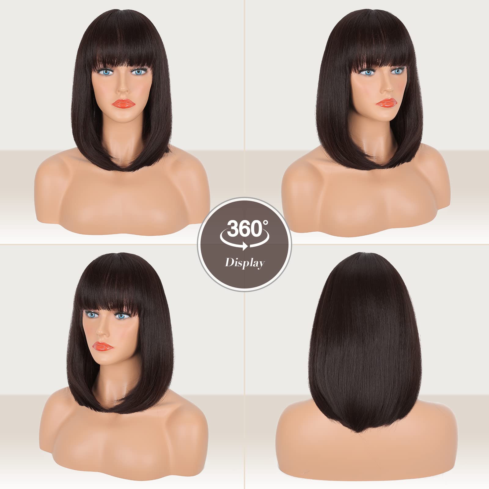 FESHFEN Nero Marrone Corta Parrucca con Frangia Lisci Bob Parrucche Naturale Sintetiche Dritto Uso Quotidiano del Partito Parrucche Capelli per Donne 35cm