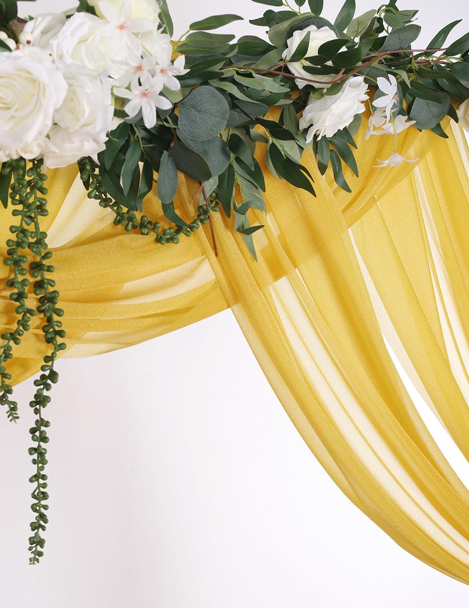 2 Panels 24ft Extra Long Wedding Arch Draping Fabric, Sheer Polyester Arch Drapes for Wedding Party Backdrop, Slightly Shimmery, Mustard Gold