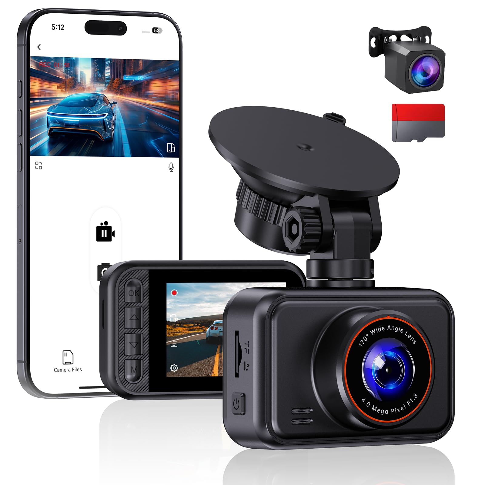 Dash Cam Front and Rear Camera, 2.5K+1080P QHD Dual Channel Dashcam for Cars, Mini Car Camera, 2 inch IPS Screen, 32GB Card Included, WDR Night Vision, 24 Hours Parking Monitor, G-Sensor