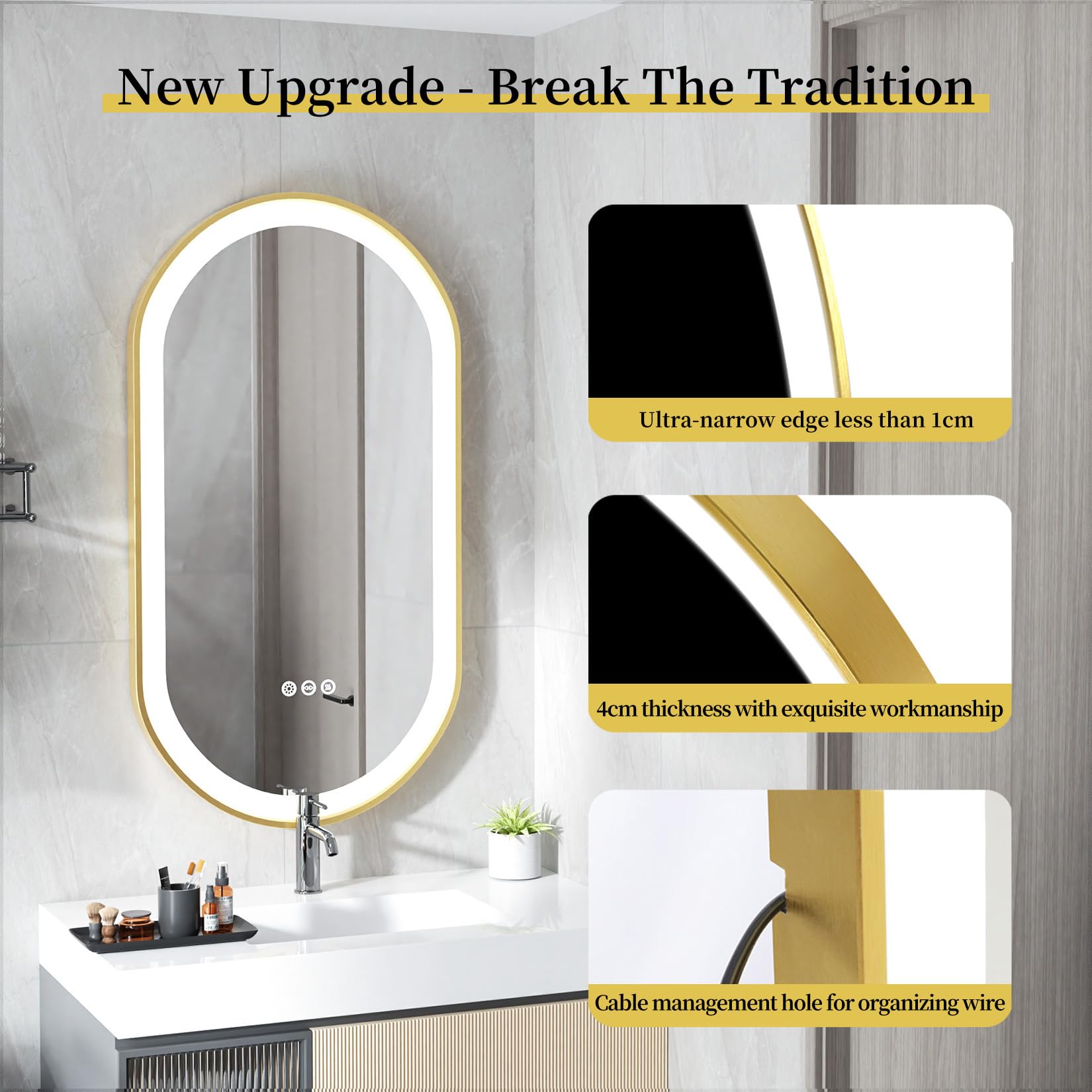 LUVODI Specchio Bagno LED Luce: Cornice Dorata Ovale 120x60cm Specchio Smart Led Bagno Oro da Parete 3 Touch Grande Illuminato Frontale Antiappannamento Dimmerabile Verticale Orizzontale