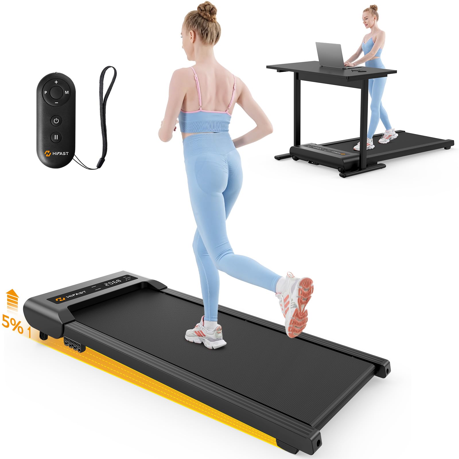 Walking Pad, Under Desk Treadmill with Incline, 300 Lbs Capacity Portable Treadmill for Home Office, 2 in 1 Mini Desk Treadmill with Remote Control, LED Display