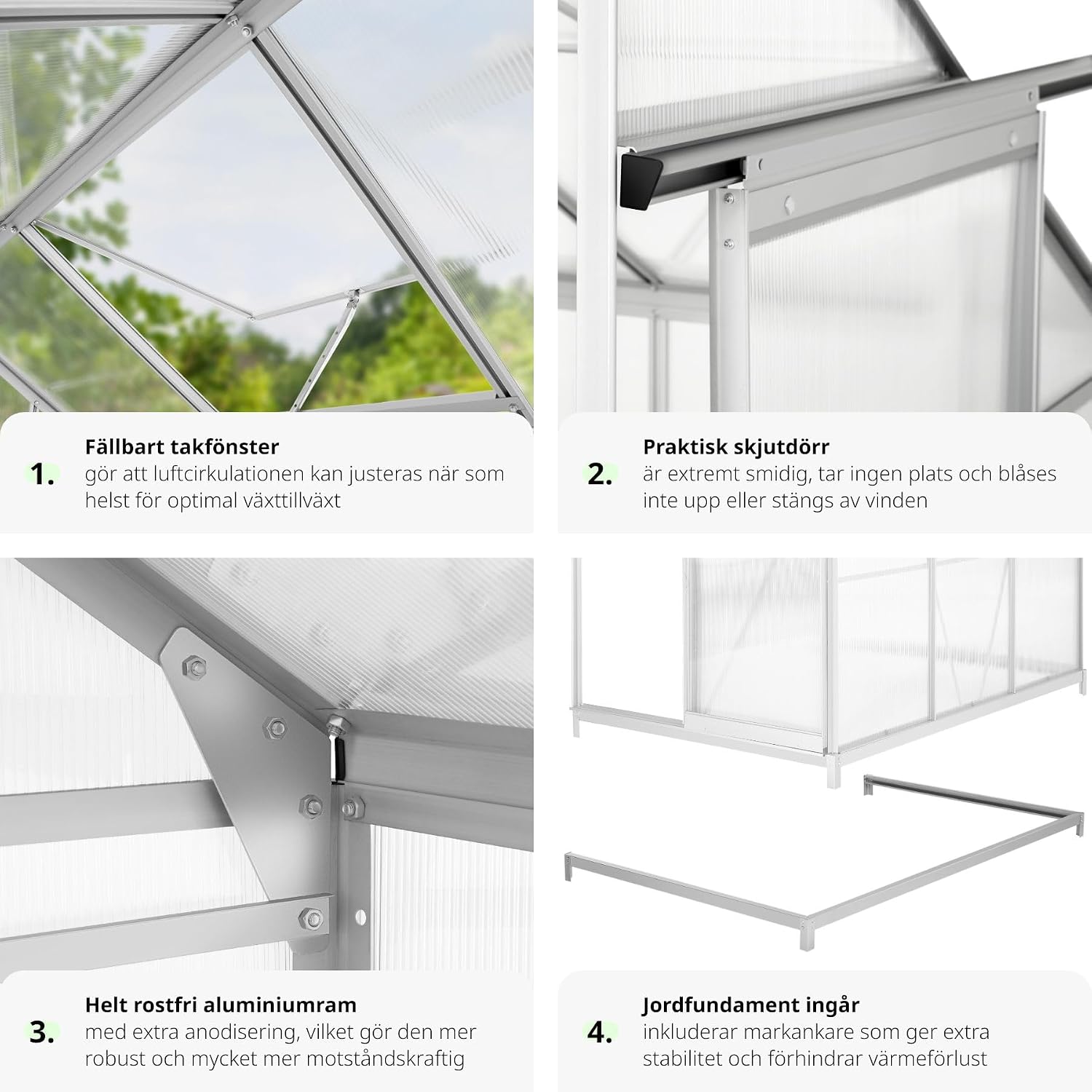 Detailed view of greenhouse components: roof window, sliding door, aluminum frame, and foundation