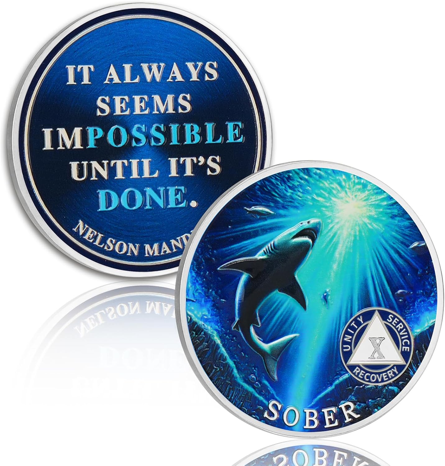 Mighty Shark 9 Year Sobriety Coin - Swim to The Light AA Medallion, Alcohol Free Recovery Coin with Mandela Quote, Inspirational Sobriety Gifts for Men & Women