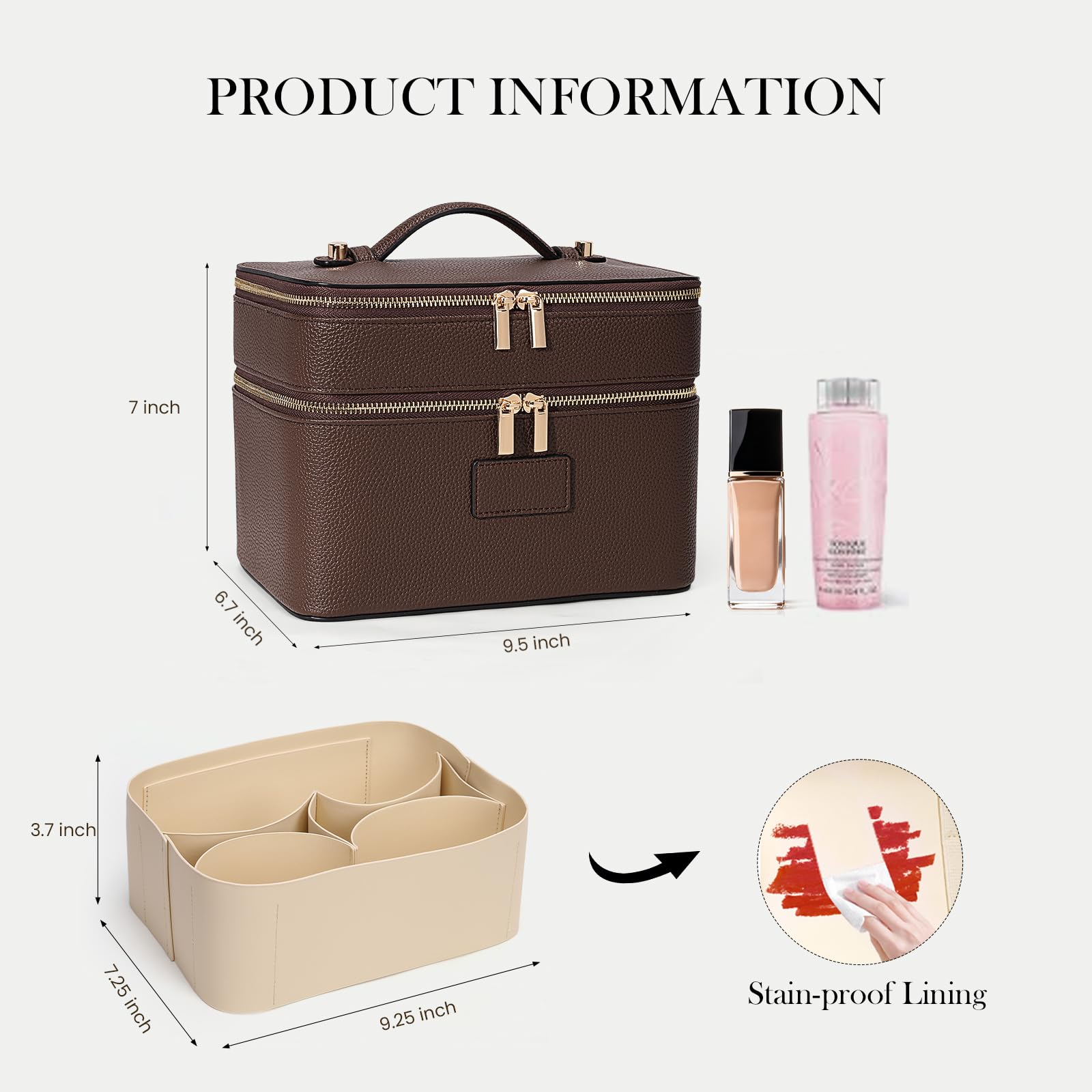 HiTotes Make-up-Tasche für Damen, groß, Leder, Make-up-Kulturbeutel, Reise-Kulturbeutel, doppellagig, Kosmetiktasche für den täglichen Gebrauch, A01-Kaffee, 9.45in, Kosmetikkoffer