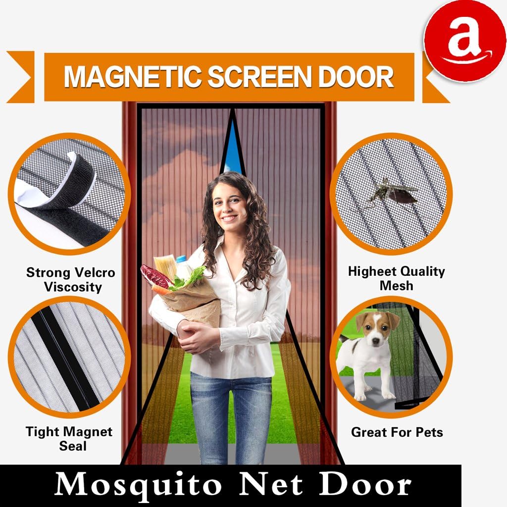 Magnetic Screen Door Curtain Full Frame Velcro Mosquito Net,Close Automatically Tightly Keep Bugs Out,Lets Fresh Air In,Toddler And Pet Friendly (39''x83''Fit door up to36''x82'' Max-Brown)