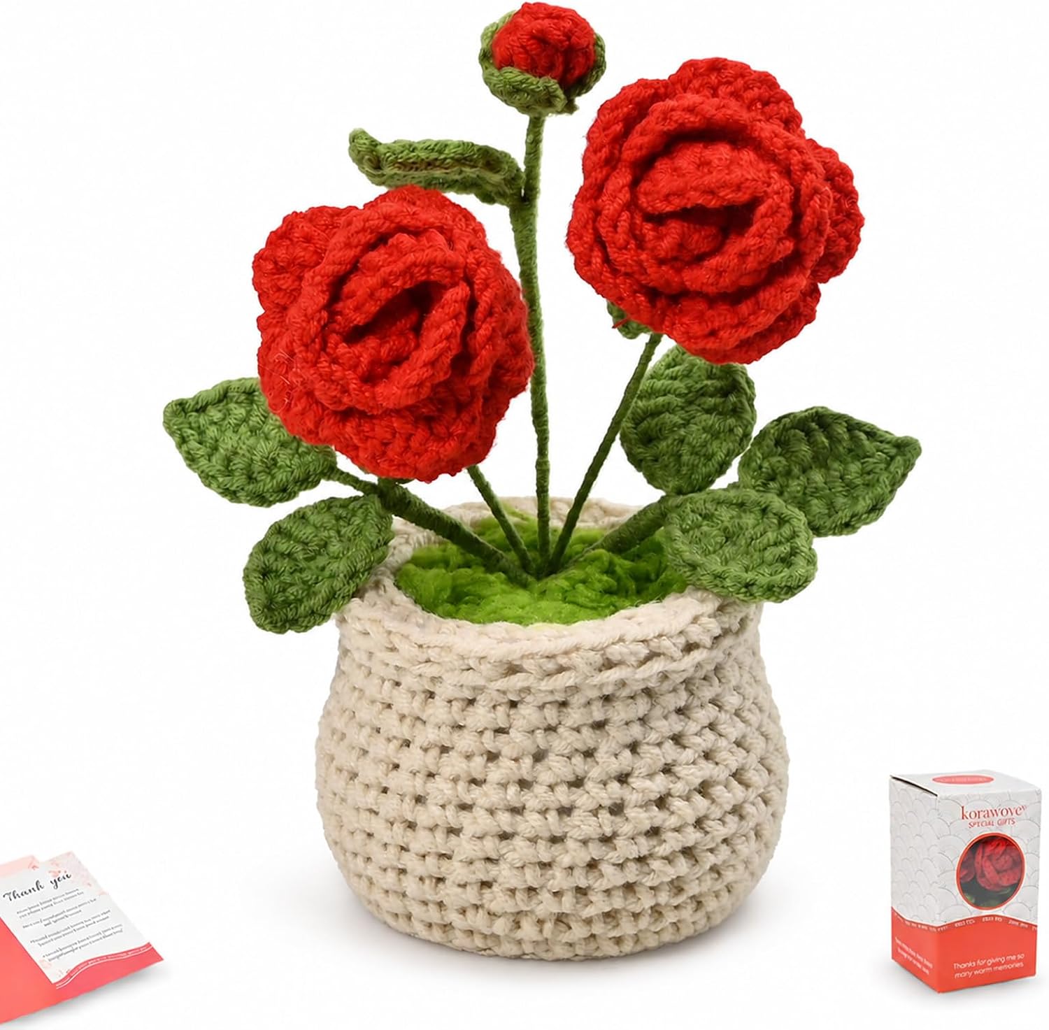 Handmade Crochet Flowers, Red Rose Flower Pot for Her & Girlfriend