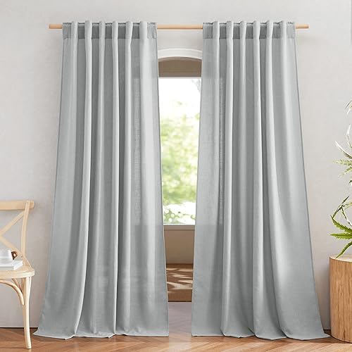 NICETOWN Cortinas de lino gris claro para habitación de niños, bolsillo para barra y pestaña trasera, tejido de lino semitransparente, tratamiento