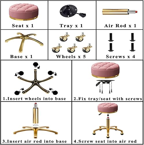 Miniatura 7 de Taburete rodante dorado con ruedas, taburete de masaje de pedicura, silla giratoria redonda de piel sintética, base dorada de titanio, altura