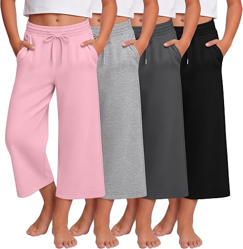 LessonZoo 4 Pack Girls Capri Pants Wide Leg Cropped Pants Basic Casual Solid Dra