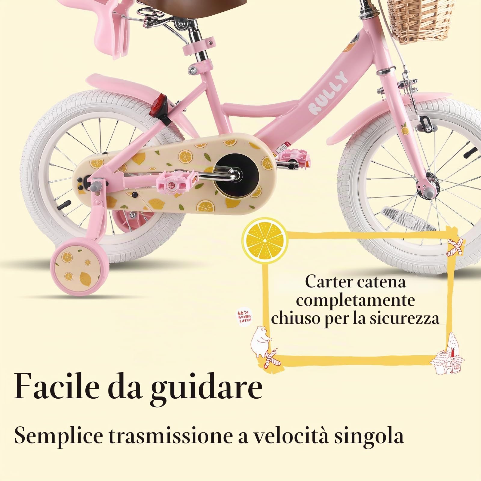 RULLY Fruit Bicicletta per Bambina 12 14 16 Pollici per Età 2-7 Anni, con Rotelle, Bicicletta con Cestino e Seggiolino per Bambola