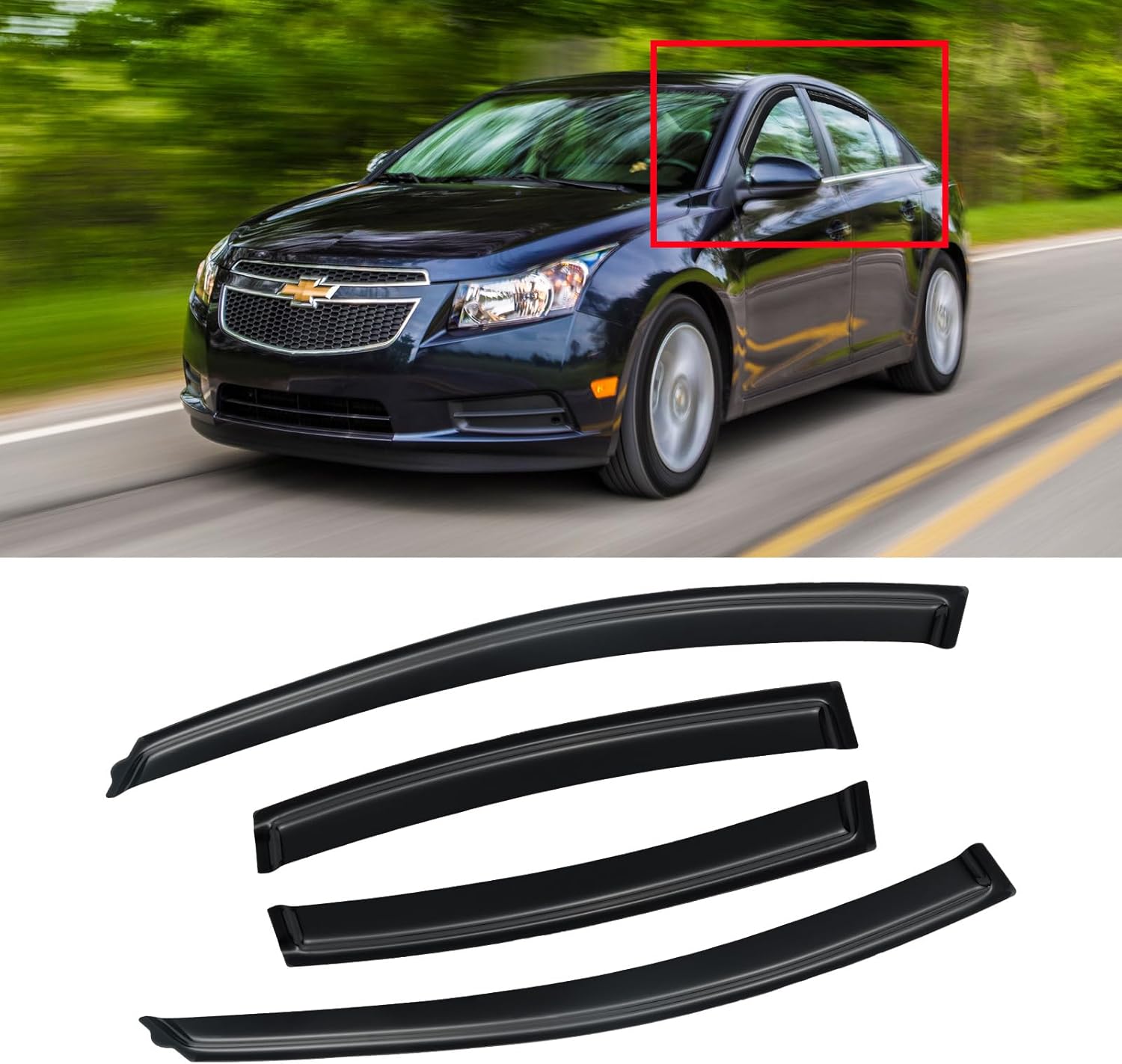 window visor for 2011-2015 chevy cruze, out-channel rain guards shields vent deflector shade wind dark smoke for 2016 chevrolet cruze limited, tape-on outside-mount, 4pcs for 11-16 cruze