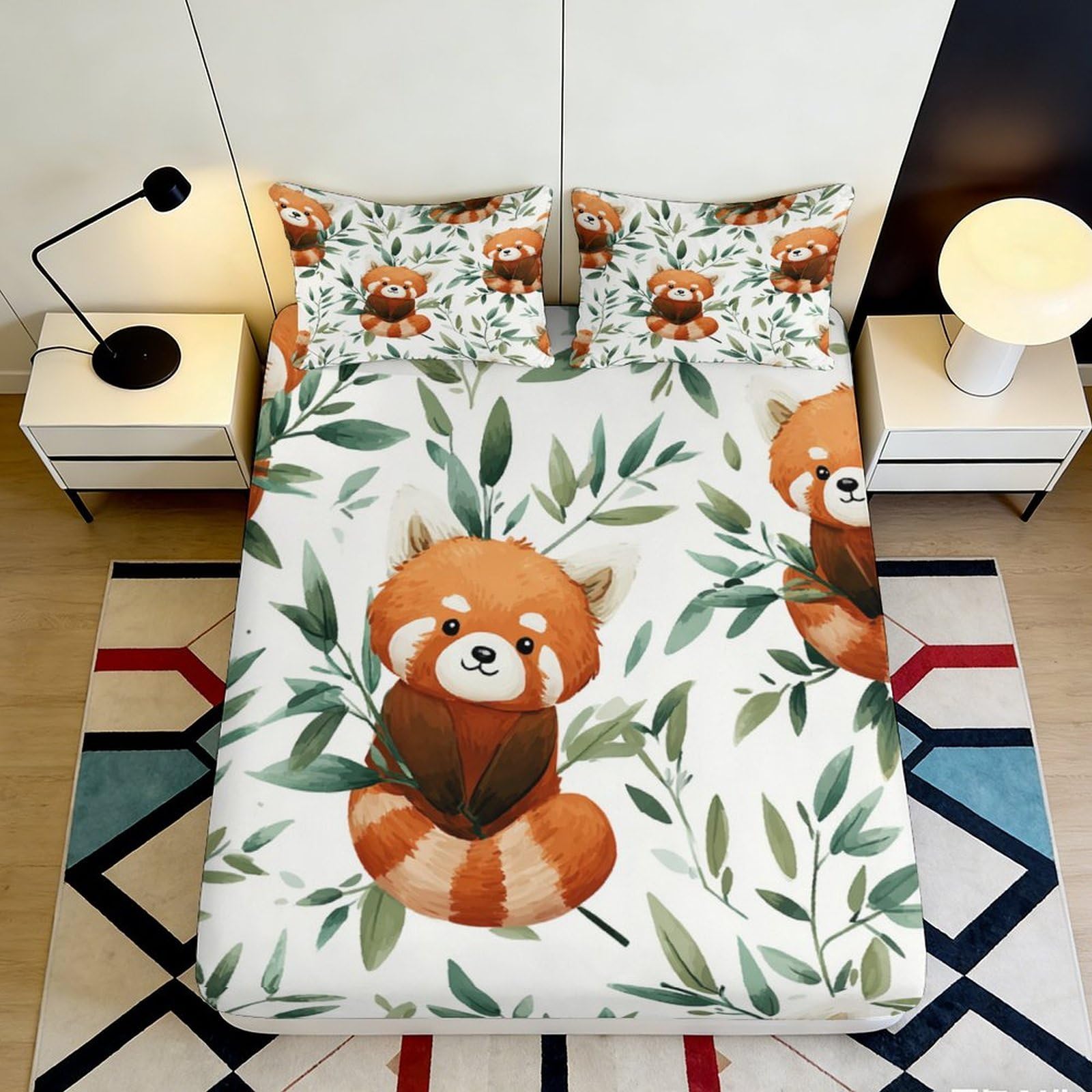 Dhbaneiok Style-2 3D Printed Red Panda Fitted Sheet Microfiber Soft Breathable Bamboo Leaves Bed Cover For Bedroom Dorm Decor 90X200x25cm