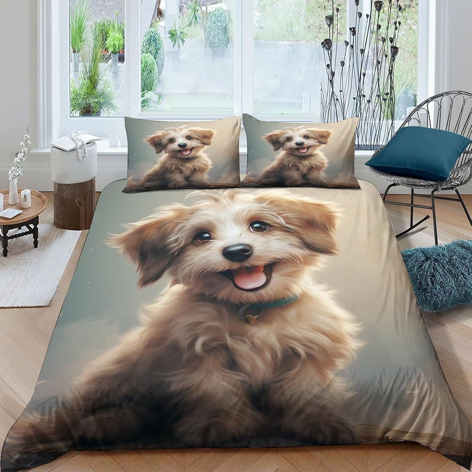 Housse de couette 200x200 cm ado avec motif chien imprimé 3D et parure de lit anti-allergique