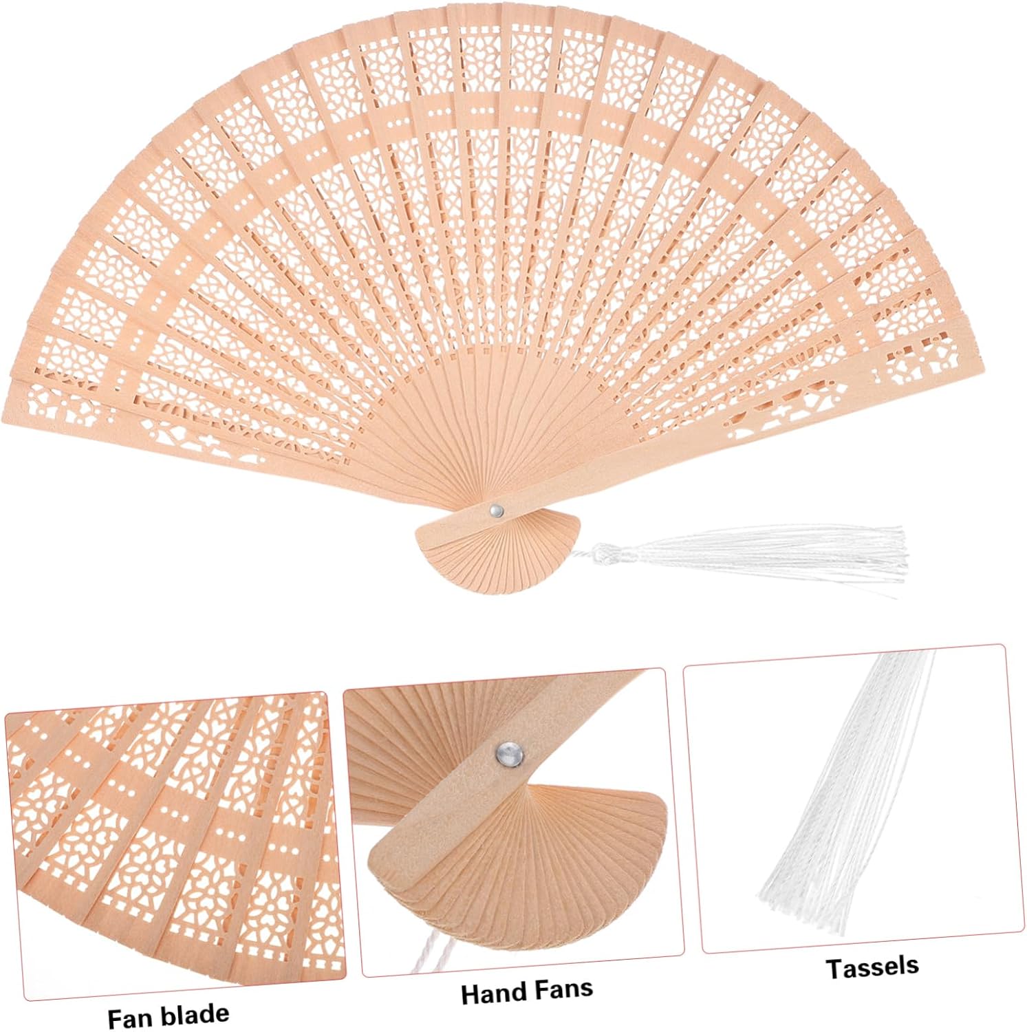 VALICLUD 50pcs Vintage Hand Fans Wooden Folding Fans Intricate Carvings Decorative Tassel and Organza Bag for Weddings Parties and Unique Guest Favors