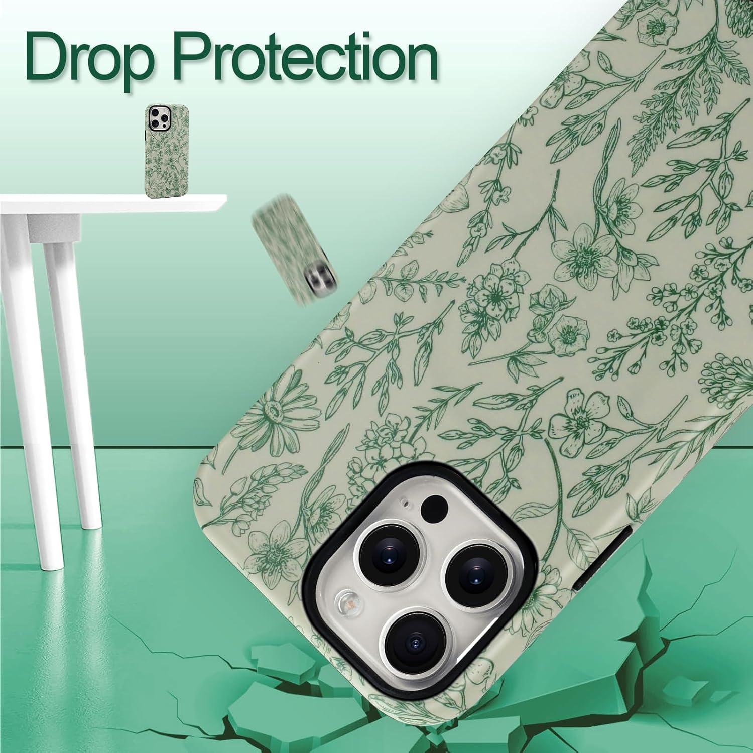 SOKAD Magnetic Sage Floral Phone Case for iPhone 15 Pro, Vintage Green Flower Pattern Compatible with Magsafe Matte Protective Case Cover with Screen Protector for Girls Women - Image 5