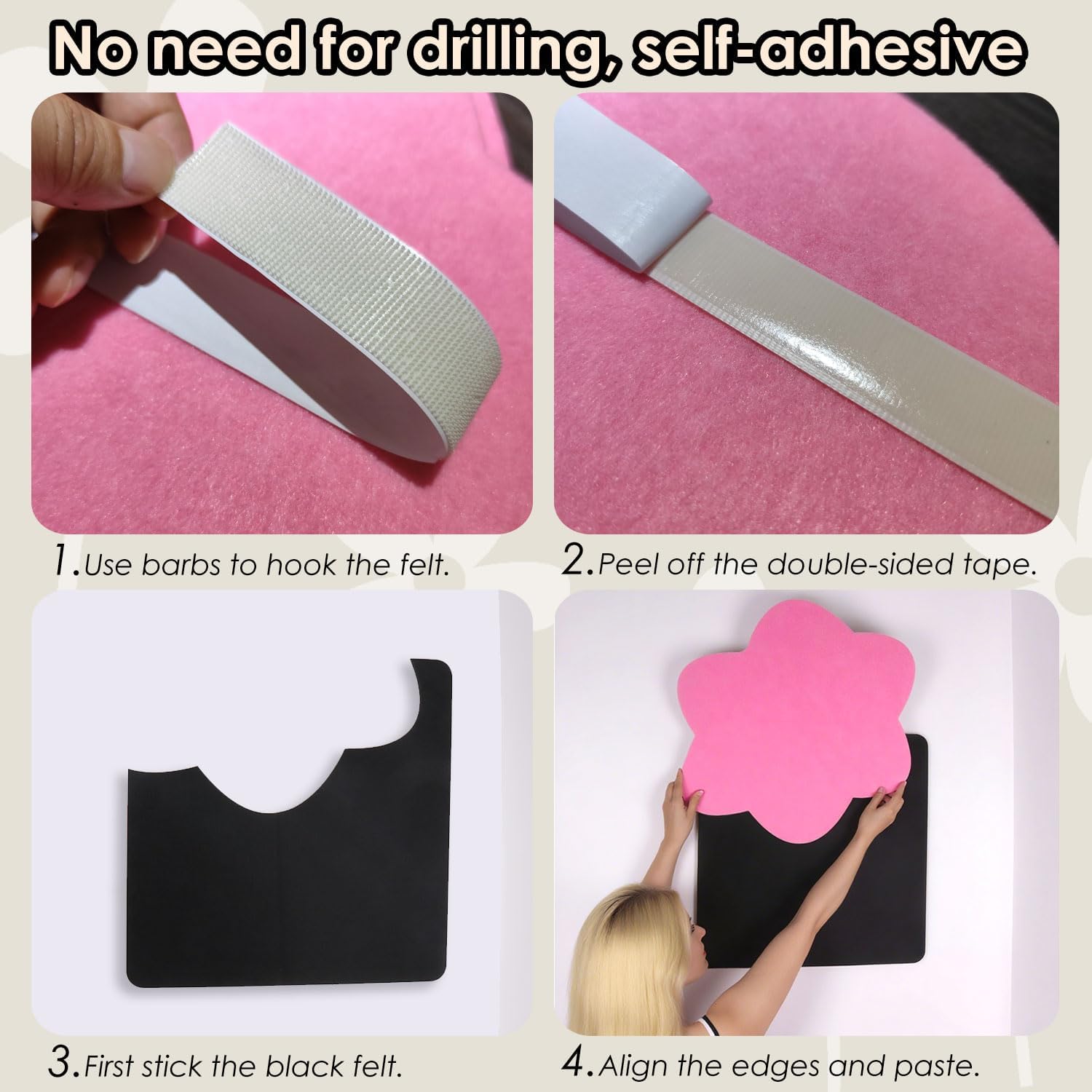 DIY Felt Bulletin Board – 31.5"x22.4" Self-Adhesive Wall Panel with 40 Push Pins, Sound-Absorbing Felt Board for Photos, Notes, Accessories – for Home, Office, Classroom Decor (Pink)