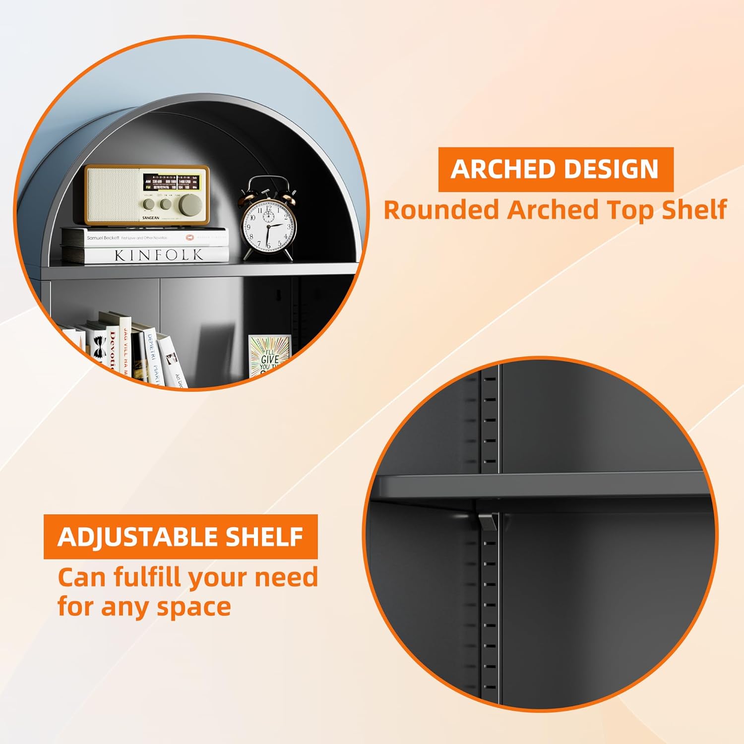 Metal Arched Bookcase with Wheels, Black Arched Bookshelf with 2 Adjustable Shelf for Home Office Living Room,Required Assembly