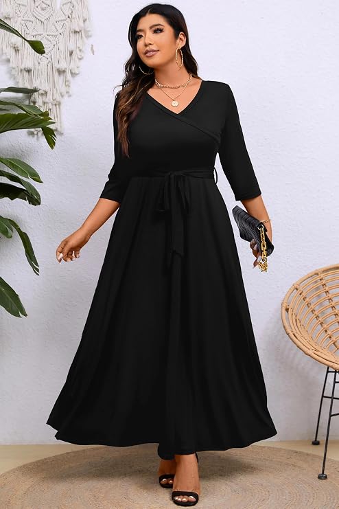 Runwind Plus Size Maxi Dress for Women 3/4 Sleeve Wrap Desses with Belt