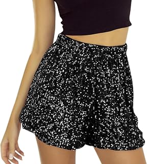 Generisch Pantalones cortos para mujer, color negro, festival con purpurina, estilo informal, cintura media, pantalones cortos sexys delgados con lentejuelas deportivas, pantalones deportivos rectos