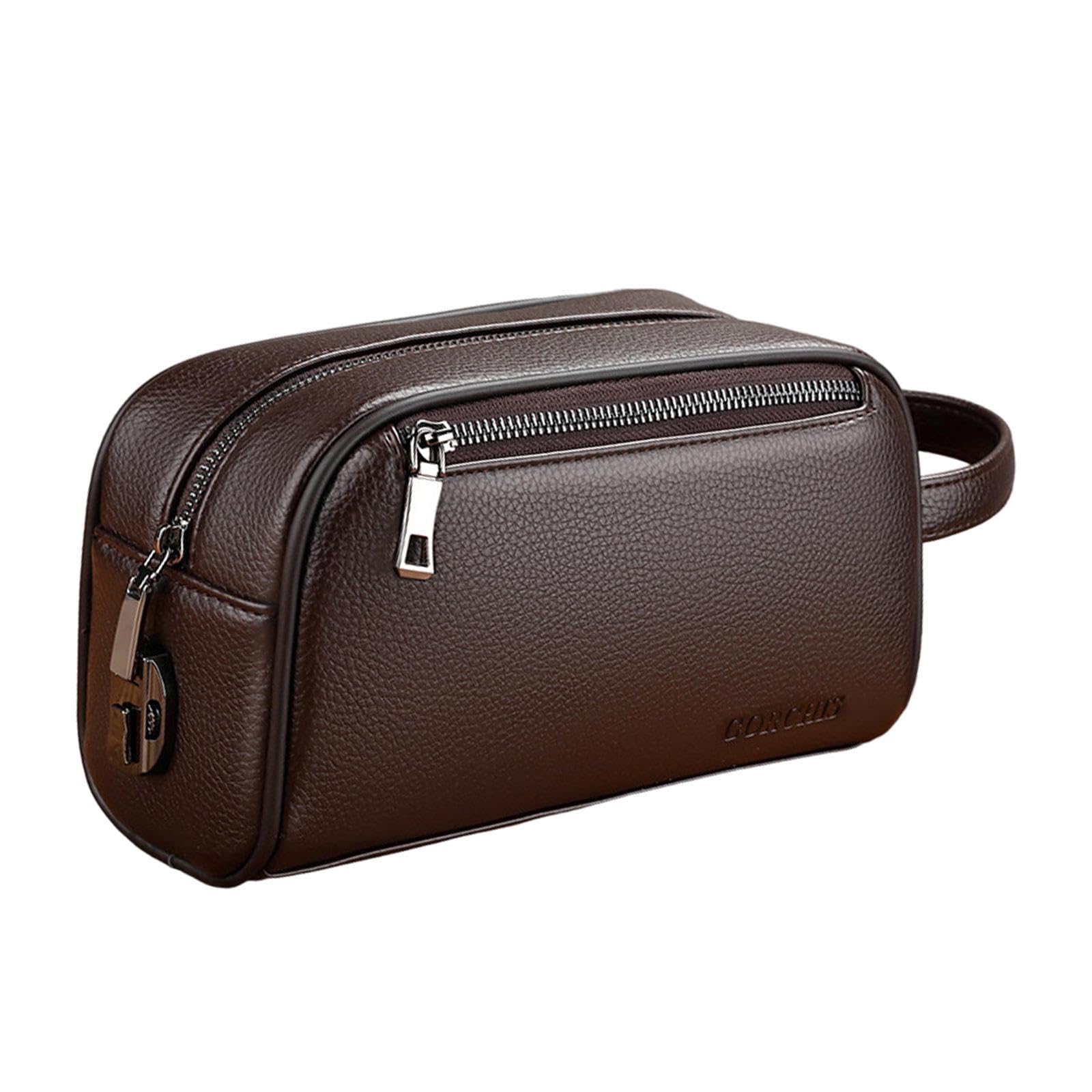 Borsa da polso per uomo Borsa con cerniera Borsa in pelle PU multi tasche Pochette da uomo casual, Marrone con serratura
