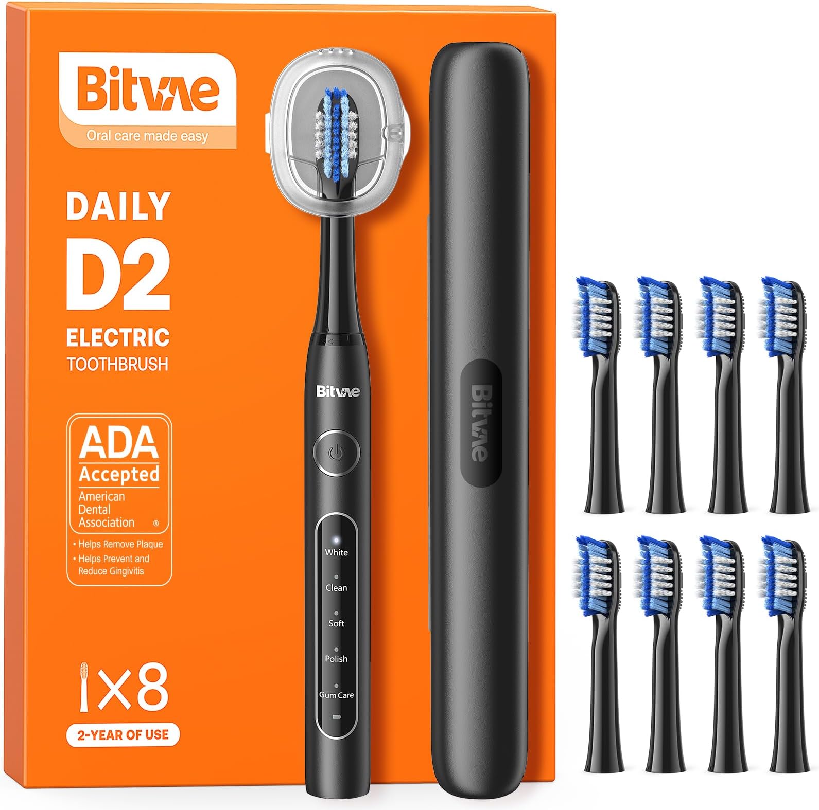 Bitvae Ultrasonic Electric Toothbrushes - Electric Toothbrush for Adults and Kids, American Dental Association Accepted, Rechargeable Travel Sonic Toothbrush with 8 Heads, Black D2