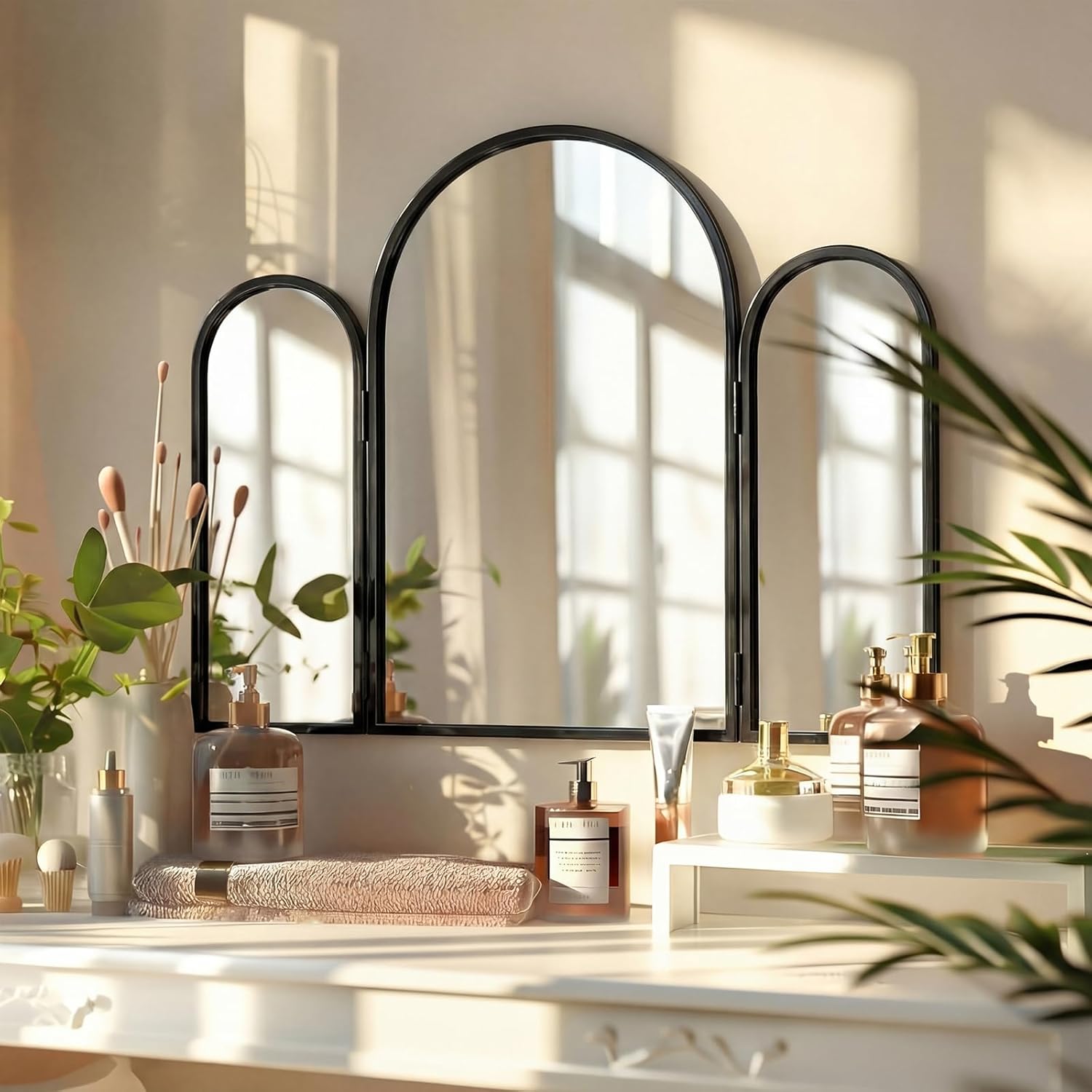 Trifold Vanity Mirrors 3 Way, 30 x 37 in Adjustable Arch Trifold Mirror for Bathroom Bedroom, Decorative Folding 3 Sided Mirror Wall Mounted for Braiding Hair Makeup (Black)