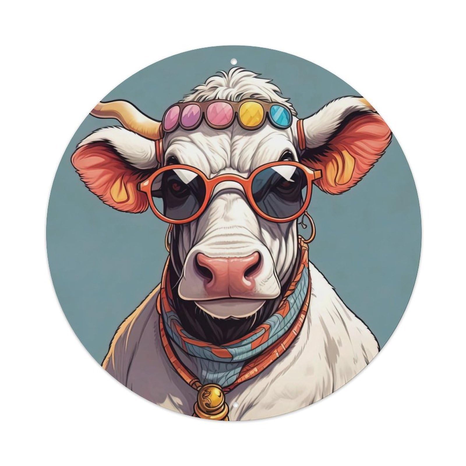 Animal Anime Cow with Sunglasses Vintage Metal Tin Sign Plaque Wall Decor for Cafe, Club, Garden Round Metal Poster 8x8Inch