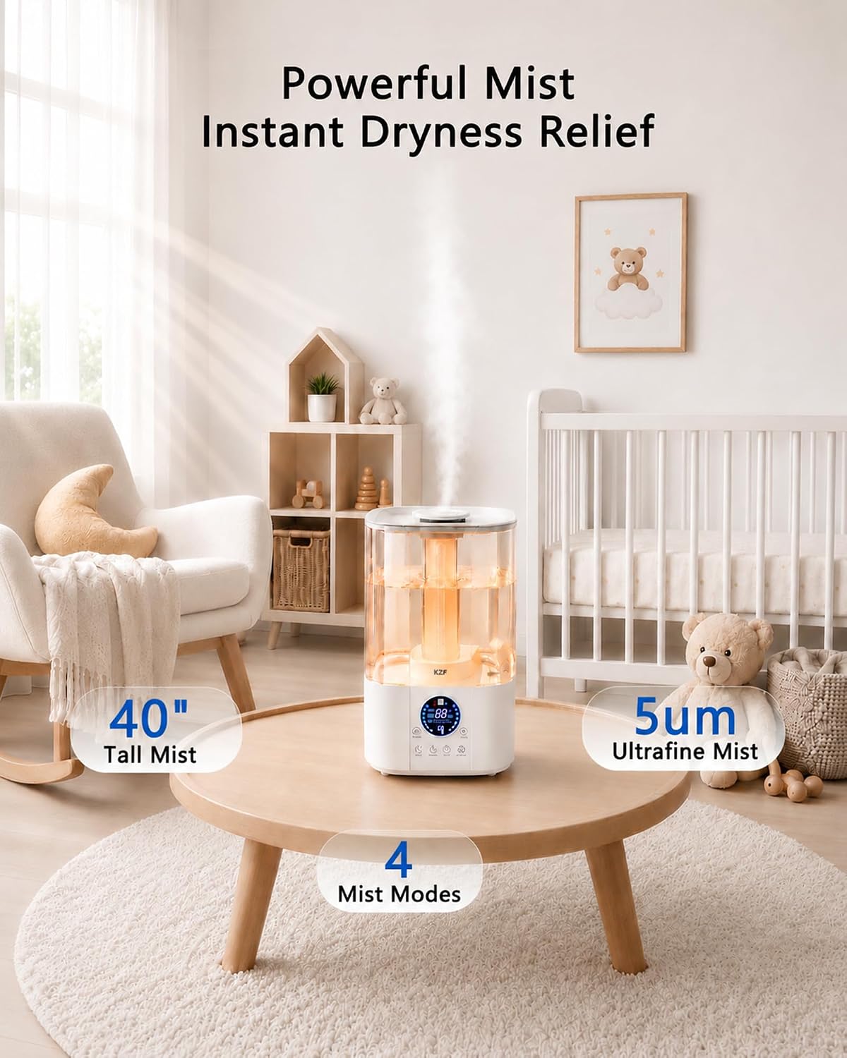 KZF Humidifiers for Bedroom, 4L Cool Mist Humidifier for Large Room, 40H Runtime, Top Fill, Sleep Mode, Oil Diffuser, 28dB Quiet, LED Display, Humidity Control, Air Humidifier for Baby Plants