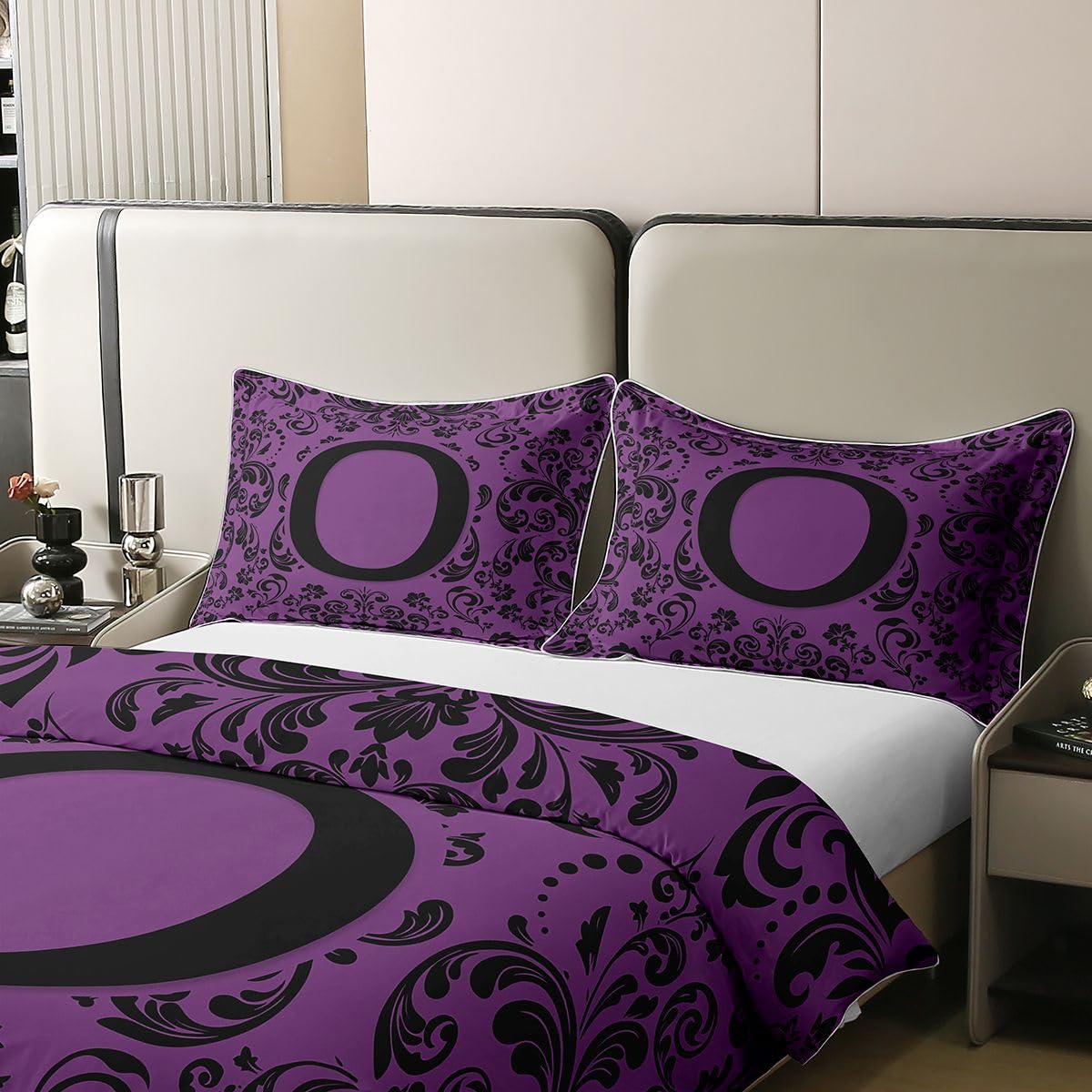 Homewish Czarne gotyckie zestawy pościeli adamaszek rozmiar king size litera O bawełna poszewka na kołdrę boho kwiatowy monogram fioletowa poszewka na kołdrę dla dzieci dorosłych, estetyczny zestaw