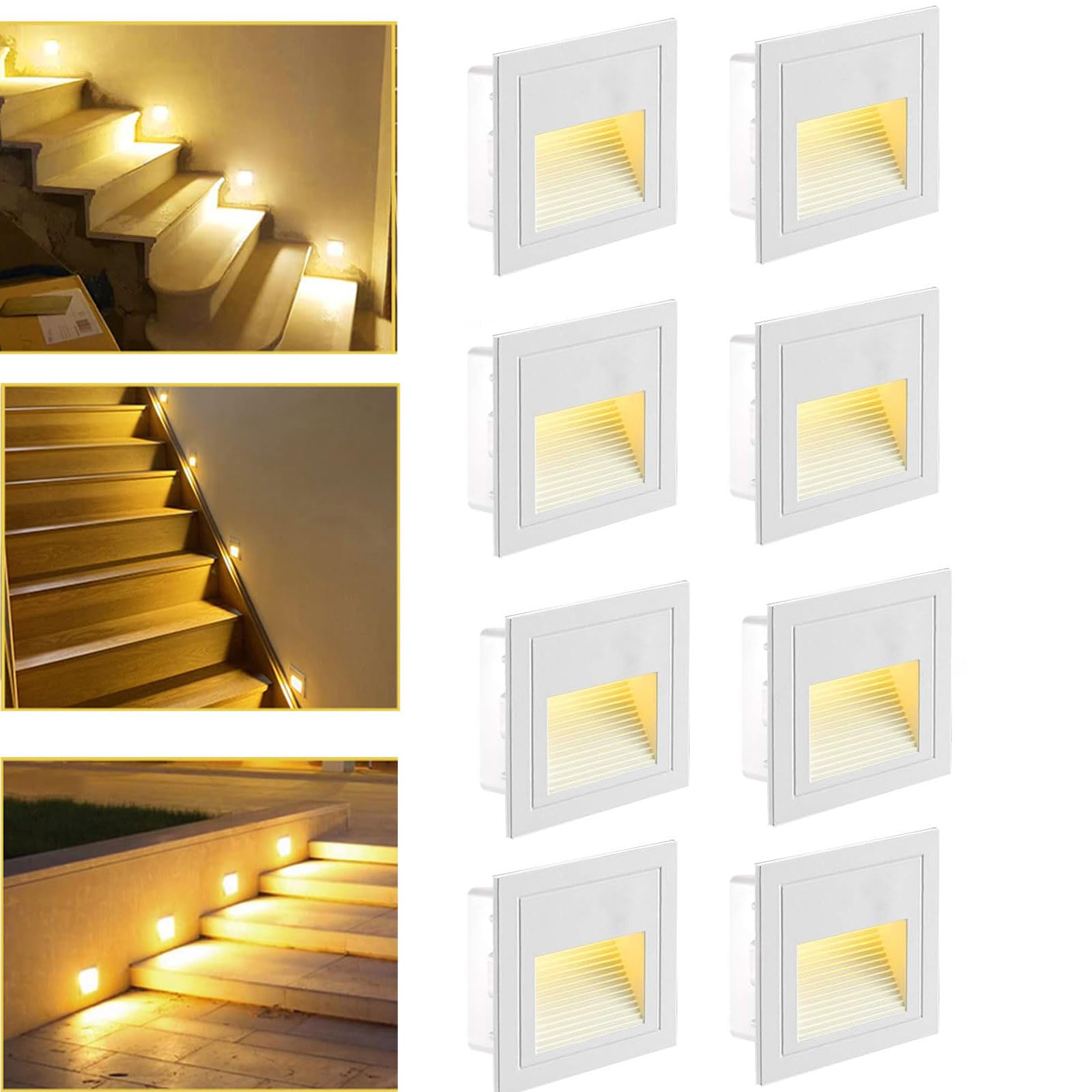SUBOSI LED Stair Light Aluminium 230 V 3 W Glass Wall Lights Stair Light with Flush-Mounted Box Stair Light Wall Light IP65 Waterproof Warm White Pack of 8