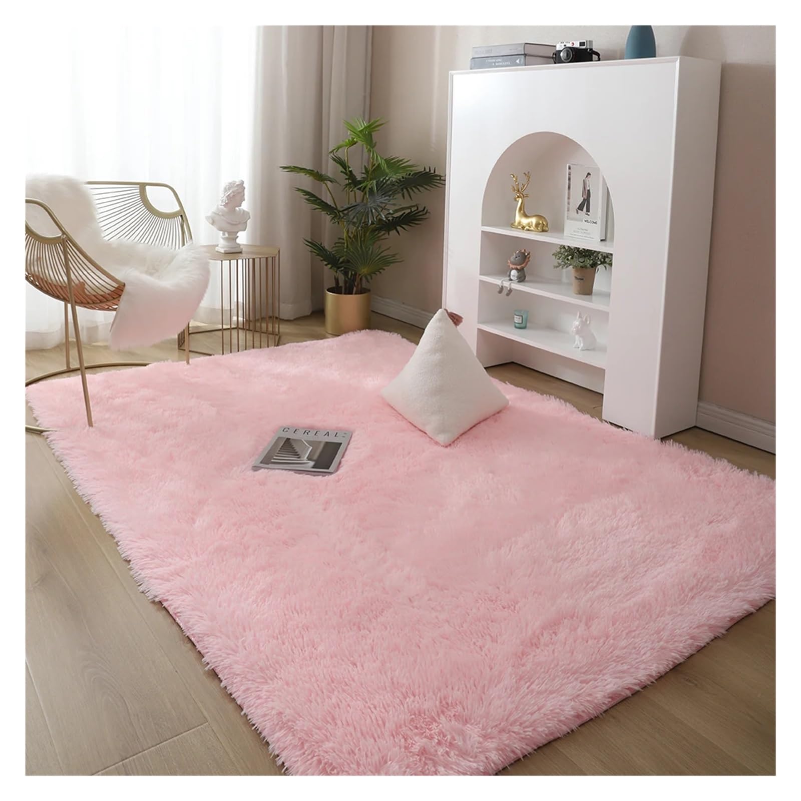 Tapis poilu rose 160x200cm lavable et doux pour sol glissant