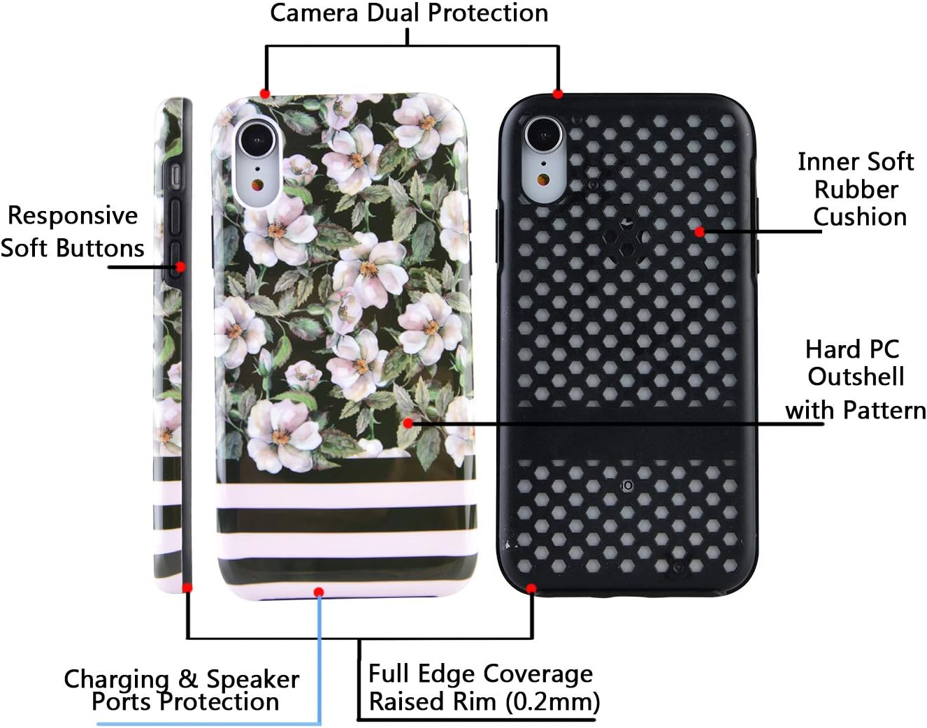 Dimaka Case for iPhone XR,Dual Layer Cute Floral Flowers with Black and White Stripe Design for Girls,Hybrid Shockproof Hard PC Soft TPU High Impact Protective Case for iPhone XR(9, iPhone XR)