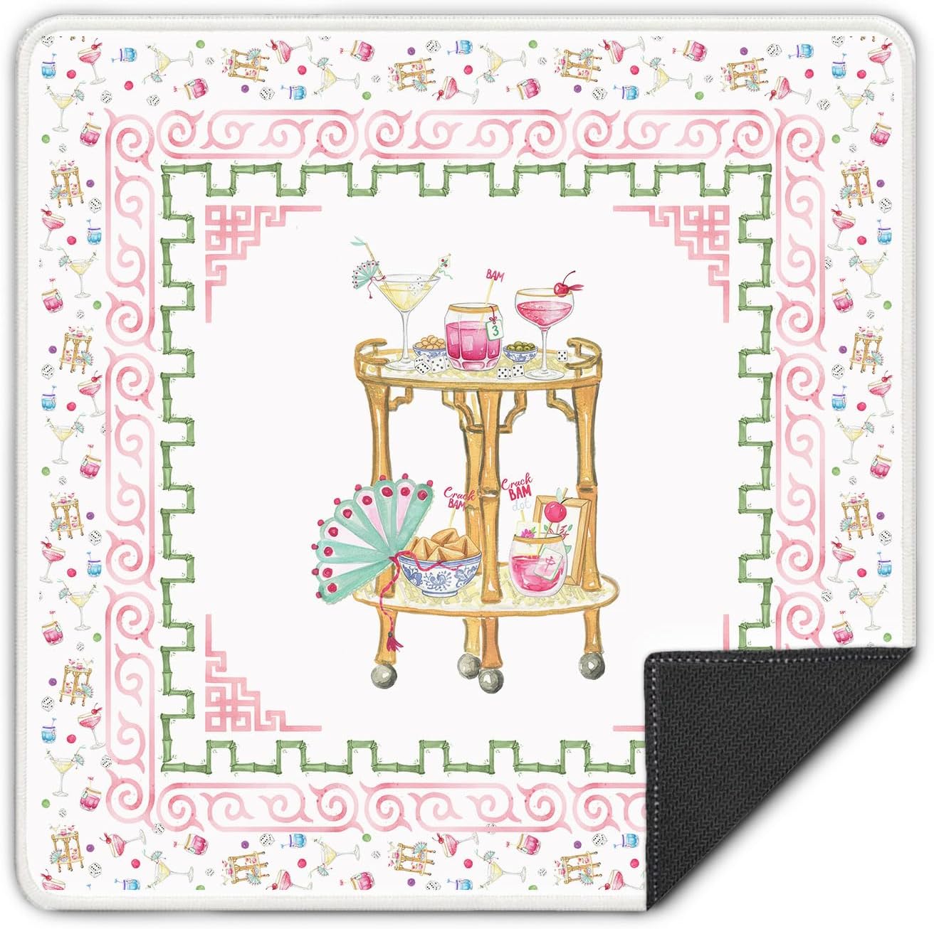 Pink and Green Chinoiserie Cocktail Mahjong Mat 31.5 x 31.5 in, Cocktail Lover Gifts Anti-Slip Noise-Reducing Mahjong Mat for Table Board Games Tile Games Poker and Cards