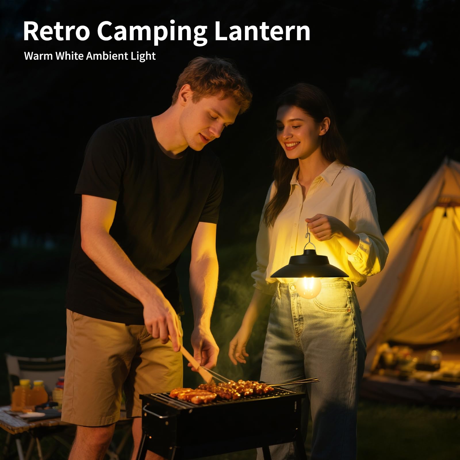 Solare Lanterna da Campeggio Retrò LED Ricaricabile – 200 Lumen, 2600mAh, Pannello Solare Integrato & USB-C, IPX4, 2 Modalità, Luce Bianca Calda, per Campeggio, Giardino, Emergenze