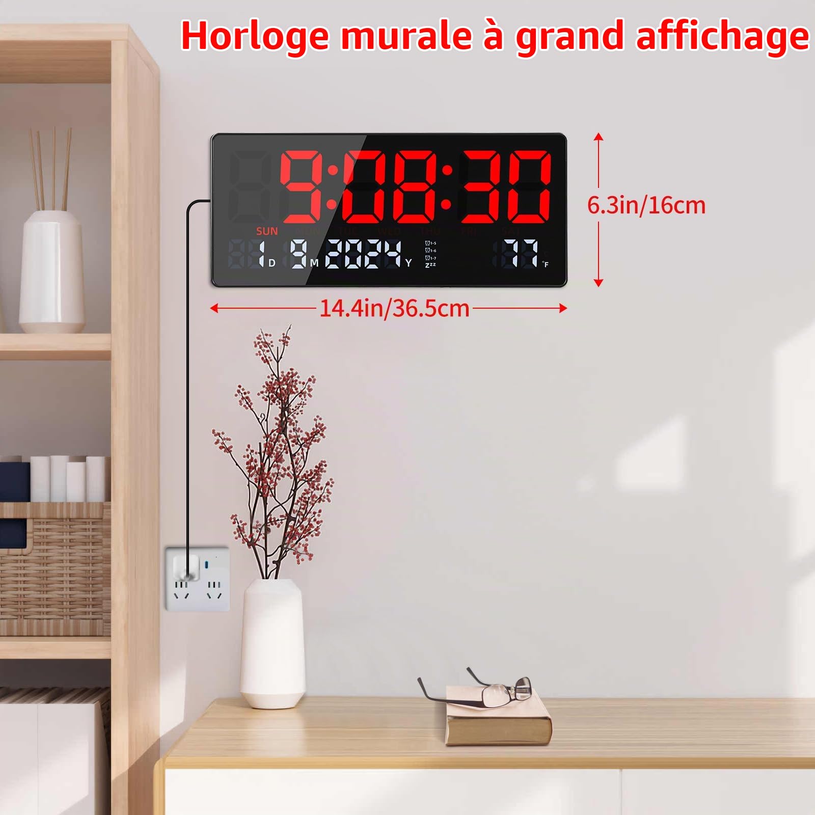 Fuloon Horloge Murale Numérique Réveil Grand écran LED Horloge numérique avec Télécommande Date Semaine Température pour Salon Cuisine Garage Bureau et Salle de Classe (Rouge)
