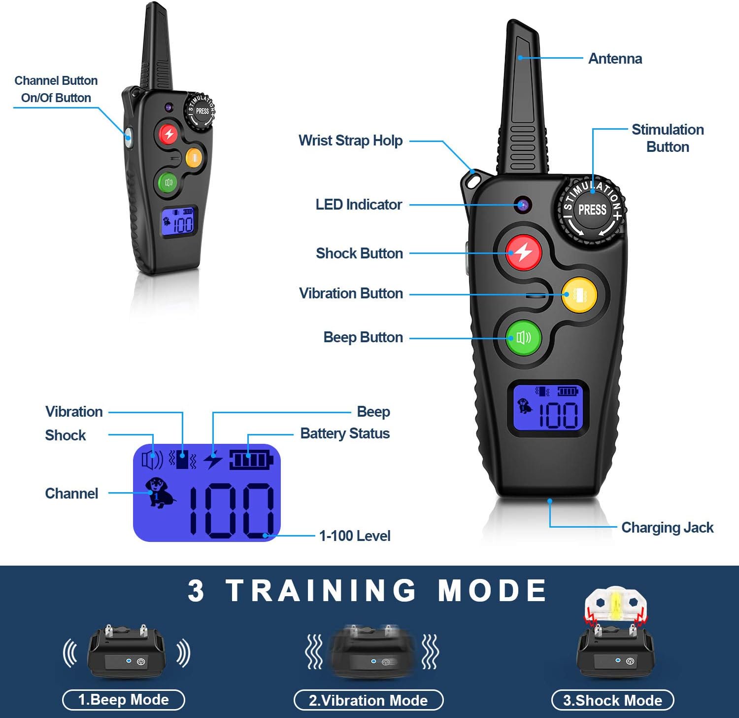 Shock Collar for Dogs with Remote Dog Training Collar Rechargeable No Bark Collar with Shock Modes Remote Collar Waterproof Shock Collar for Small Medium large dog