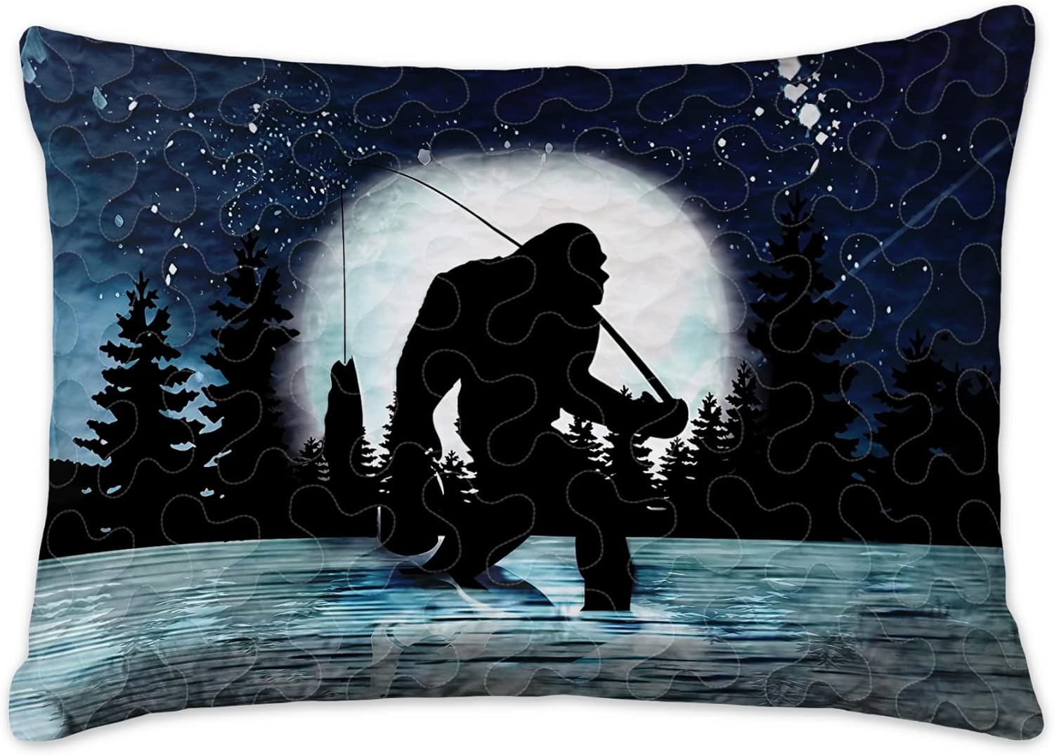 Bigfoot Quilt - Bigfoot Fishing Bedding- Bigfoot in Night and Moon Blue Quilt Set - Sasquatch Bedding Bigfoot Bed Set Twin Queen for Children Adult Teens Girls Boys Soft Microfiber