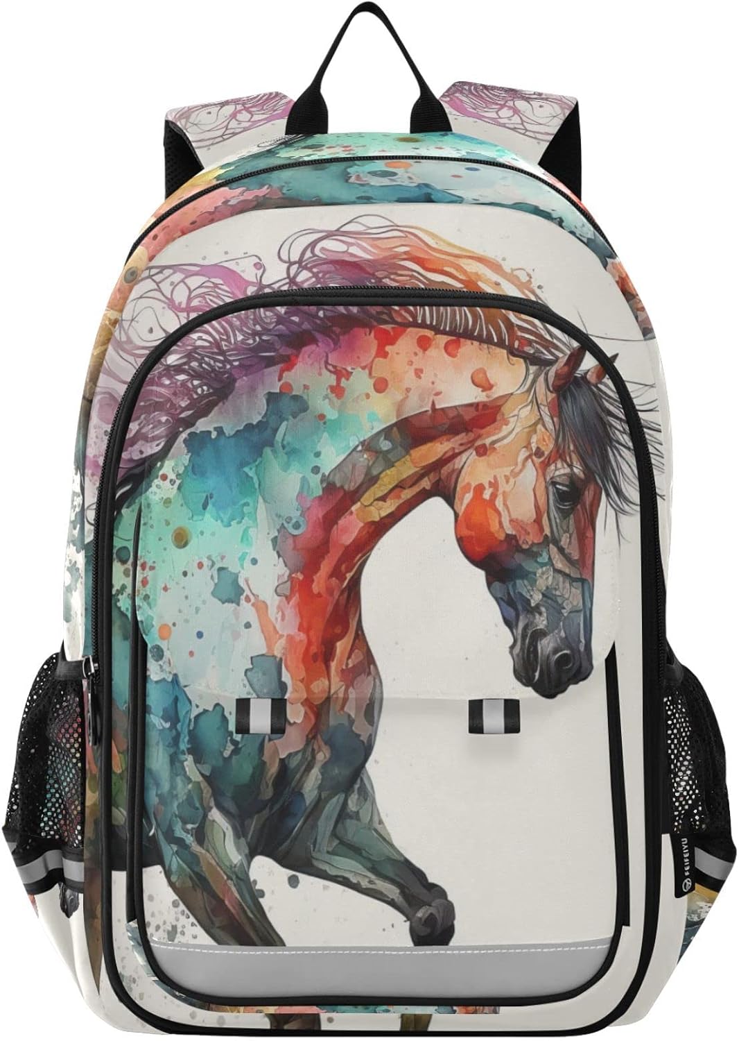 Vnurnrn Watercolor Horse Kids Backpack Big Storage Multiple Pockets 17.7 IN Bookbag with Chest Buckle Reflective Strip for Boys Girls 6+ years in Primary Middle High School