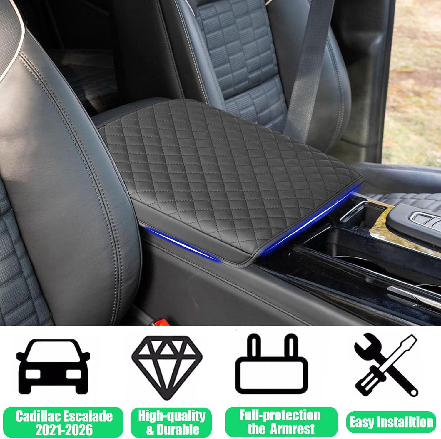 Center Console Cover for Cadillac Escalade 2021 2022 2023 2024 2025 2026 - Premium PU Leather Armrest Pad with Extra Padding, Scratch-Resistant & Stylish for Escalade Interior Accessory