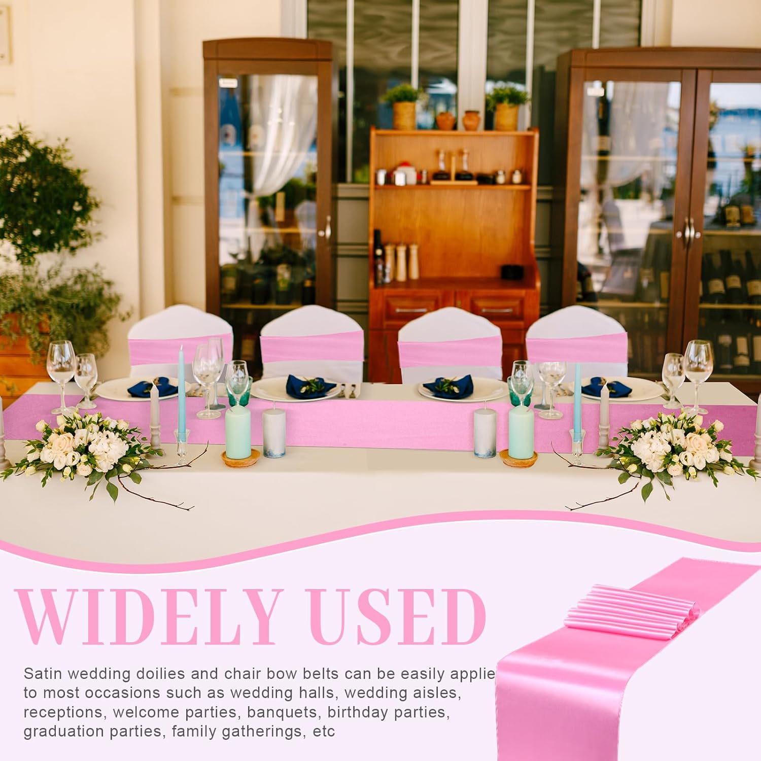 Chair Sashes Bow with Satin Table Runner Spandex Chair Sashes with Buckle Slider Satin Silk Runner for Wedding Ceremony Banquet Hotel Party Rectangle Round Table Decor