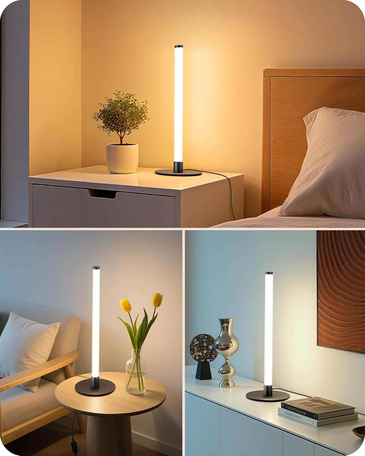 EDISHINE LED Table Lamp, Modern Slim Bedside Lamp with 360° Illumination, Stepless Dimming & 3 Color Temperature, Nightstand Lamp for Bedroom, Living Room, Black