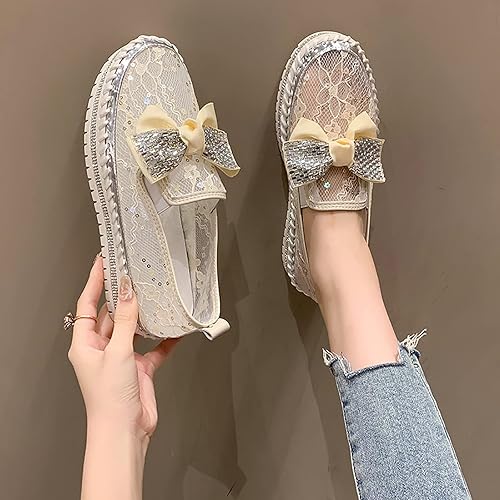 Miniatura 5 de WENOREG Mocasines de malla con lazo de diamantes de imitación para mujer, mocasines de malla con lentejuelas huecas, transpirables, antideslizantes,