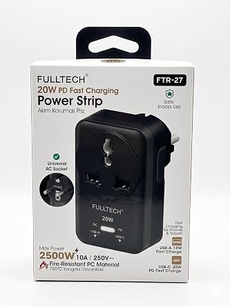 Fulltech FTR-27 20W H zl   arjl  Kompakt Duvar Prizi, USB-C PD ve USB-A QC  k l , Ak m Korumal , Siyah