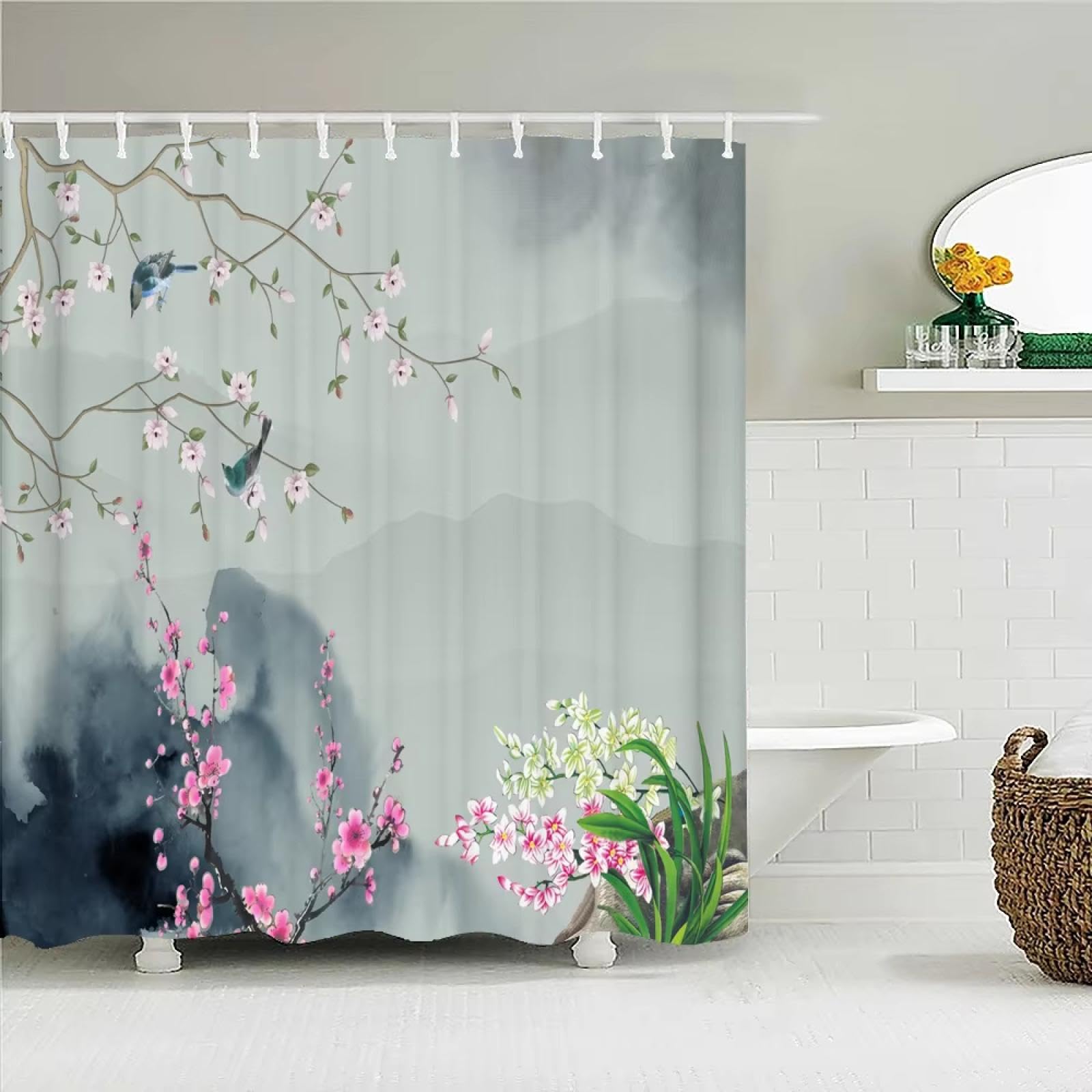 Rideau de douche 85x210cm style japonais fleurs oiseaux en polyester