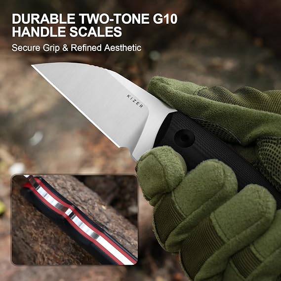 Kizer Snick Fixed Blade Knife with Sheath, 2.68 AEB-L Steel Sheepfoot Camping Knife with Black G10 Handle, EDC Knives for Hiking 1085A1