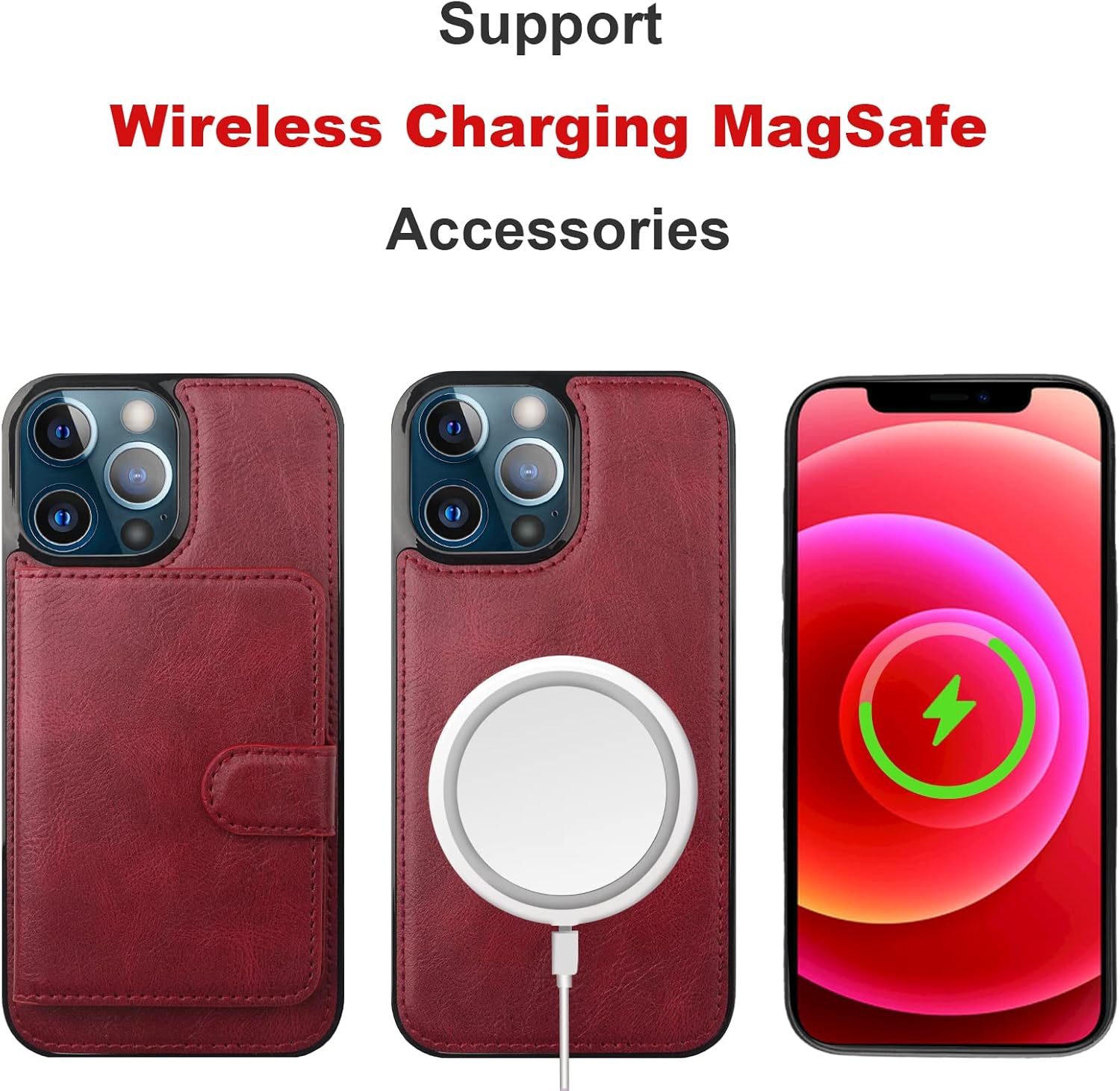 Bocasal Wallet Case for iPhone 13 Pro Max Compatible with MagSafe Magnetic RFID Blocking Detachable Premium PU Leather Flip Case with Card Slots Holder Kickstand Wireless Charging 6.7 Inch (Wine Red)